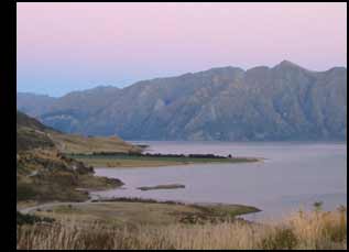 sunset lake and mountains